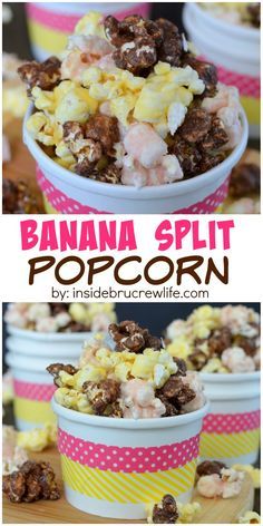 banana split popcorn recipe with chocolate chips and marshmallows