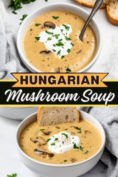 two bowls filled with mushroom soup and topped with sour cream