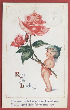 a card with an image of a baby holding a rose on it's back