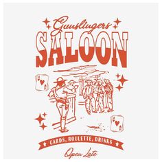 a red and white t - shirt with an image of people at a saloon on it