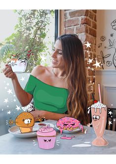 a woman sitting at a table with some cupcakes and drinks in front of her