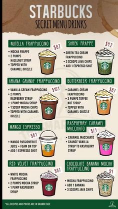 the starbucks menu is shown with different drinks in each cup and numbers for each drink