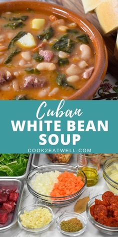 white bean soup with spinach, carrots and other foods in bowls on a table