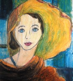 a drawing of a woman wearing a large yellow hat with blue eyes and brown hair