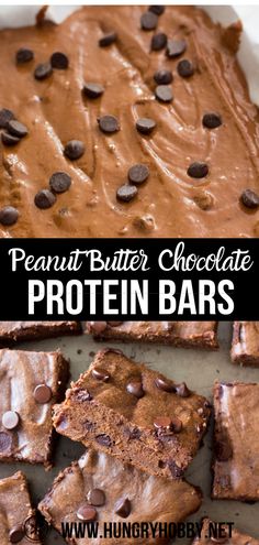 peanut butter chocolate protein bars with chocolate chips on top