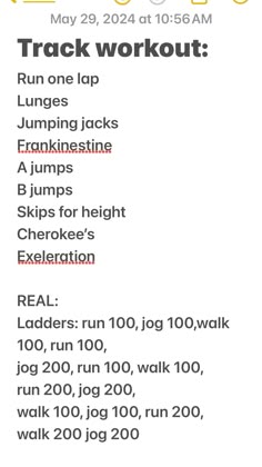 an image of a workout schedule with the words, run one lap and jumping jacks