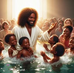 a painting of jesus surrounded by children in the water with his arms outstretched and smiling