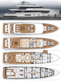 three different views of the yachts from above and below, including one with two decks