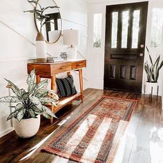 a living room with a rug, potted plants and a mirror on the wall