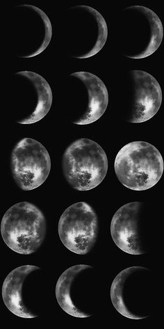 nine phases of the moon are shown in black and white, as well as several smaller ones