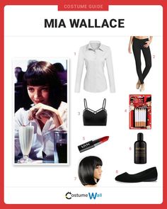 the costume guide for mia wallace is shown in black and white, with red accents