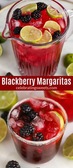 blackberry margaritas with lime and blackberries are served in glasses on a white plate