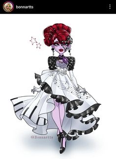 a drawing of a woman in a dress with red hair and polka dots on it