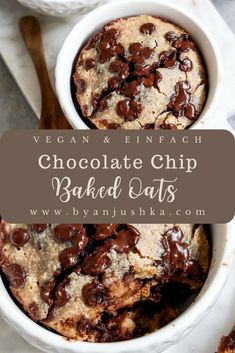 chocolate chip baked oatmeal in a bowl with text overlay that reads vegan and enfach chocolate chip baked oat