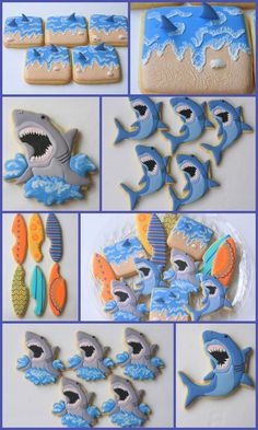 the cookies are decorated with blue icing and have shark images on them as well