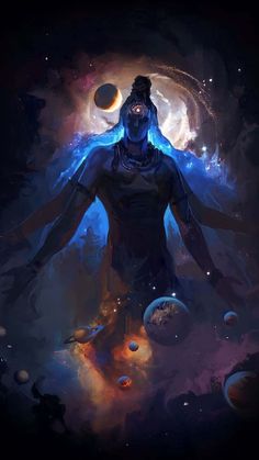 a man standing in the middle of space surrounded by planets