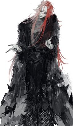 a drawing of a woman in black and white with red hair wearing a long dress