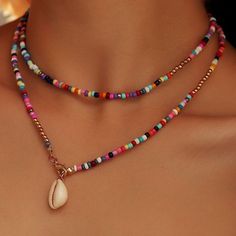 Rainbow Beaded Seashell Gold Chain Necklace Total Length: 33” And 16.5” One Way Very Colorful! Can Be Wear In Different Ways Rainbow Beaded Seashell Please Refer To Pictures, Feel Free To Ask Any Questions If You Like More Than One Item, Bundle For Savings! Beaded Necklace With, Cute Necklaces To Make At Home, Fun Summer Beaded Necklaces, Beaded Accessories Necklaces, Make A Beaded Necklace With Me, Beades Necklaces, Beaded Seashell, Necklaces Tutorial, Black Metal Necklace