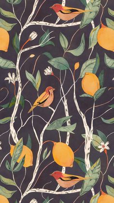 an orange tree with birds and flowers on it