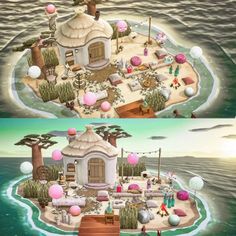 an island in the middle of the ocean with people on it and balloons floating around