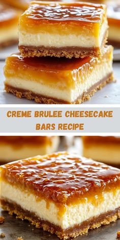 three different types of cheesecake bars stacked on top of each other with caramel toppings