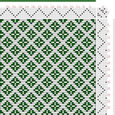 a red and white pattern with dots on the bottom, and an image of a cross stitch