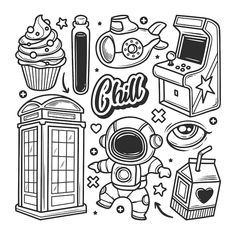 an outline drawing of various things that are in the shape of a phone, cupcake and