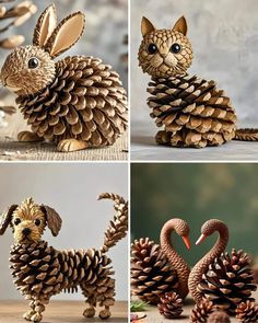 three pictures of different animals made out of pine cones