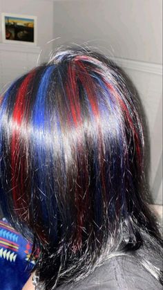 Black And Different Color Hair, Chunky Highlights Colorful, Red And Blue Streaks In Hair, Red Blue And Purple Hair, Black Colored Hairstyles, Dark Blue Hair Streaks, Red And Blue Hair Ideas, Types Of Hair Dye Style, Dark Hair Dye Ideas