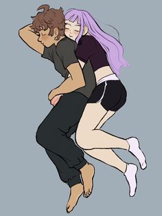 two people are hugging while one person is wearing black and the other has purple hair