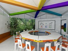 an artist's rendering of a dining room with colorful walls and ceiling, white chairs around a round table surrounded by multicolored tables