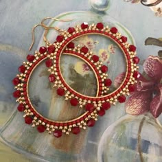 Large Red and Gold Crystal Seed Bead Hoop Earrings Beaded Jewelry Crystal Earrings by WorkofHeart on Etsy Seed Bead Bracelets Diy, Seed Bead Hoop Earrings, Seed Bead Bracelets Tutorials, Seed Bead Bracelet Patterns, Bead Hoop Earrings, Beaded Jewelry Earrings, Beaded Necklace Patterns, Beaded Bracelets Tutorial