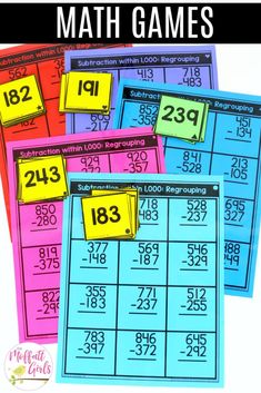 three different colored numbered numbers with the words subtraction games