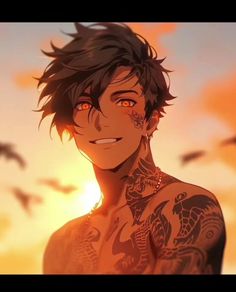 a man with tattoos on his chest standing in front of the sun and birds flying overhead