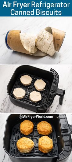 an air fryer with four biscuits in it and the words, how to make homemade air fryer refrigerator refrigerator