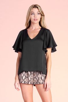 Hammered Satin Flare Sleeve Top - Ahri Sleek V-neck Tops For Spring, Feminine Flowy V-neck Top, Sleek V-neck Top For Summer, Satin V-neck Party Blouse, Sleek V-neck Party Blouse, Black V-neck Rayon Blouse, Black Satin V-neck Top, Spring V-neck Blouse For Night Out, Sleek Solid V-neck Blouse