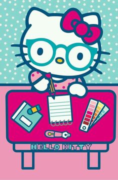 hello kitty is sitting on top of a desk with lots of stationery items around her