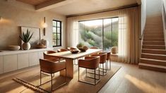 a dining room with a table and chairs in front of a window that looks out onto the mountains