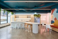 an office with white stools and colorful walls