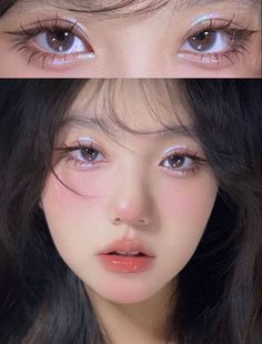 Egg Beret Outfit, Ethereal Make Up Look, Sweet And Cool Makeup, Heavy Under Eye Makeup, Asian Aesthetic Makeup, Korean Makeup Look Lips, Everyday Glitter Eye Makeup, Asian Makeup Douyin, Croquette Aesthetic Makeup