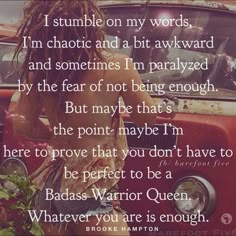 a woman with dreadlocks standing in front of an old red car and the words, i stumble on my words, i'm chaotic and a bit awkward