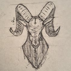 a drawing of a ram's head with long horns