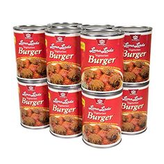 six cans of hamburger beef with sauce on the top and bottom, all in red tins