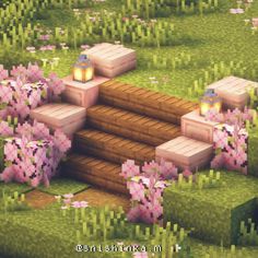 an image of a video game scene with flowers in the foreground and blocks on the ground