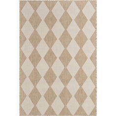 a beige and white rug with diamond shapes on the bottom, in an argyle pattern