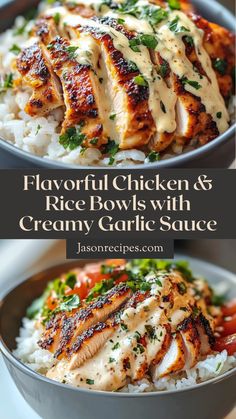 chicken and rice bowls with creamy garlic sauce are the perfect side dish for any meal