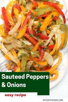 sauteed peppers and onions on a white plate with a fork in the middle