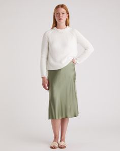 Modern, midi, mulberry. This skirt pairs perfectly with just about every top. It's super stylish with a bias cut and super comfy with a hidden elastic waist. Plus, silk fiber contains 18 kinds of amino acids that make it amazing for skin nourishment, hypo-allergenic, and naturally thermoregulating to help maintain body temperature. Also offered in sizes 1X-3X.  | Quince | Women's Skirt in Moss Green, Size Medium, Silk Satin Green Skirt, Silk Fiber, Silk Tee, Boyfriend Cardigan, Natural Textiles, Work Skirts, Sports Skirts, Fabric Structure, Silk Tank