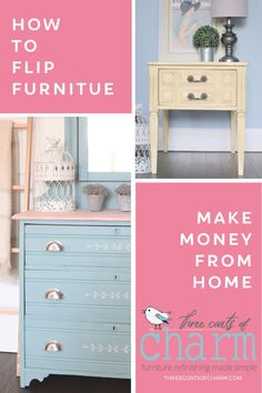 an old dresser is painted blue and pink with the words how to flip furniture make money from home