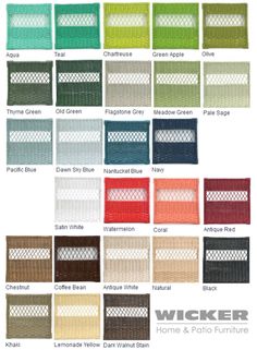 the color chart for wicker home and patio furniture, including different shades of colors